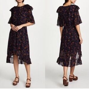 Madewell Highlow Floral Ruffle Midi Dress Size 8 Purple Red Blue Burnt Orange